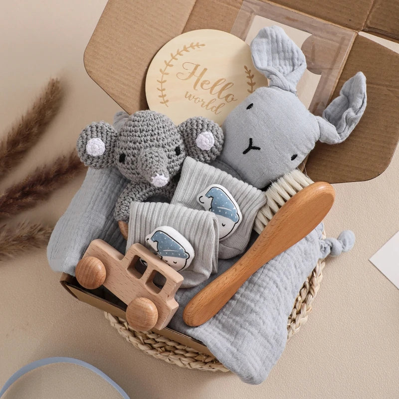 7 Piece Newborn Baby Gift Set with Cotton Blanket, Wooden Rattle and Bath Items
