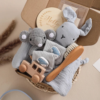 7 Piece Newborn Baby Gift Set with Cotton Blanket, Wooden Rattle and Bath Items