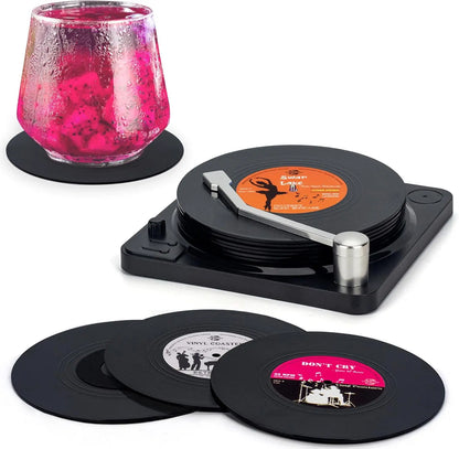 Retro Vinyl Record Coasters With Player Holder