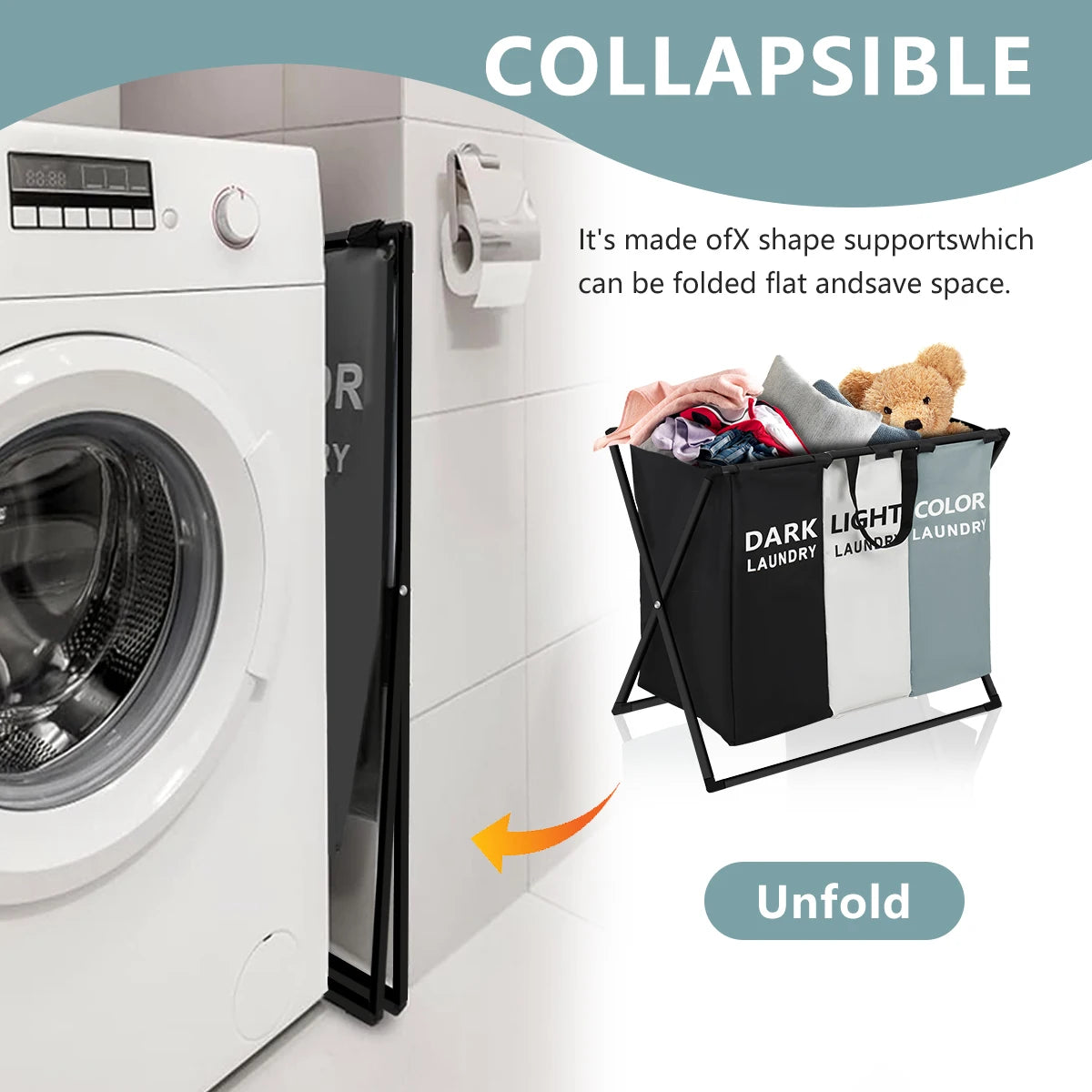 3-Section Divided Foldable Laundry Basket