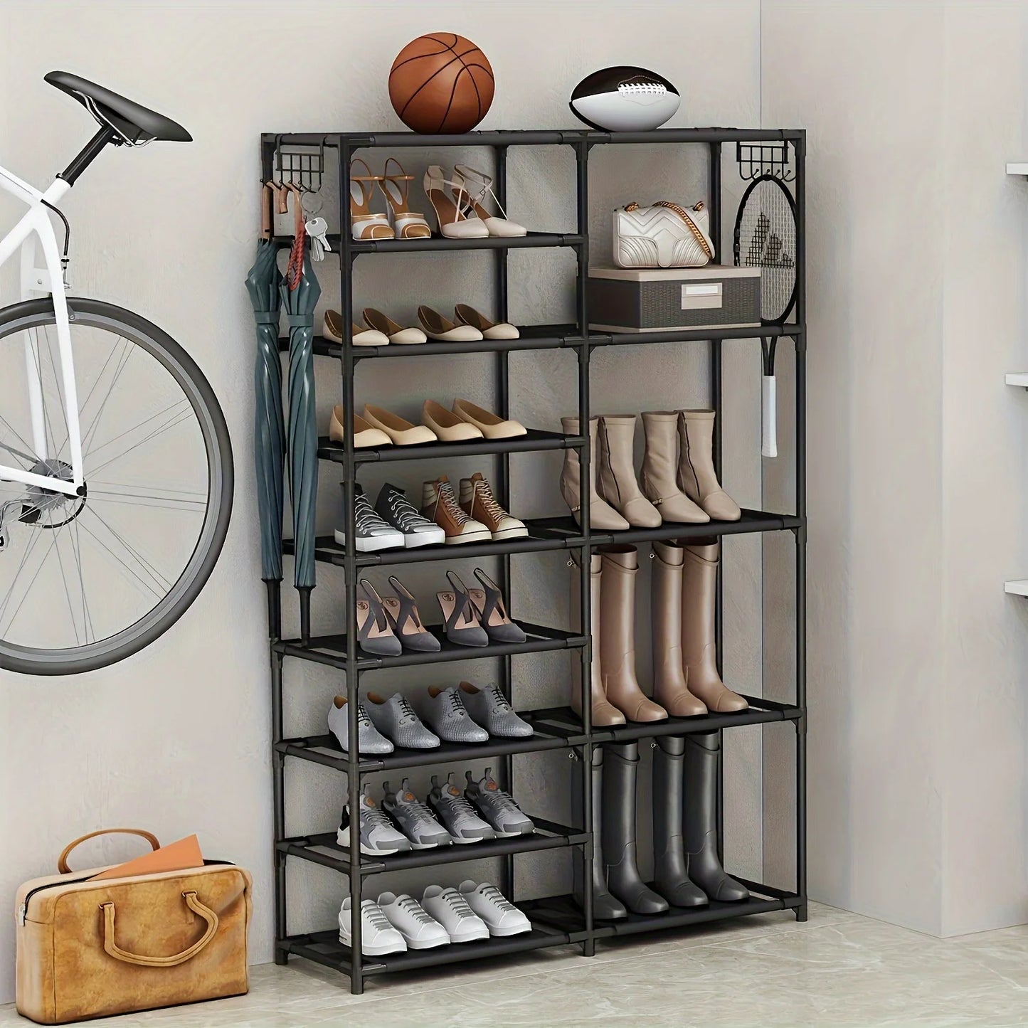 9-Tier Tall Shoe Rack With Hooks