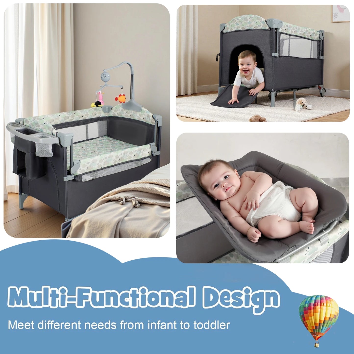 Baby Playard with Changing Table, Lockable Wheels and Music Box – Foldable Bedside Sleeper