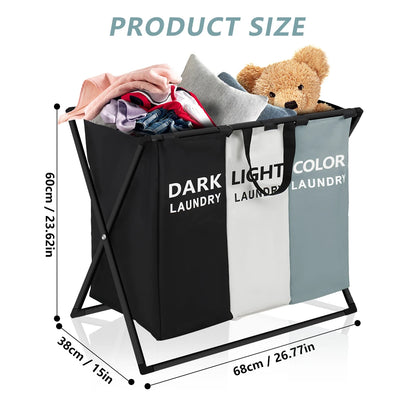 3-Section Divided Foldable Laundry Basket