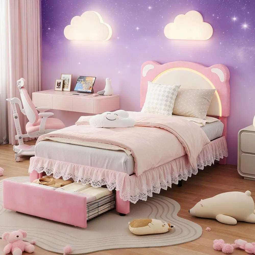 Twin LED Bed Frame with Storage and Velvet Headboard – Pink