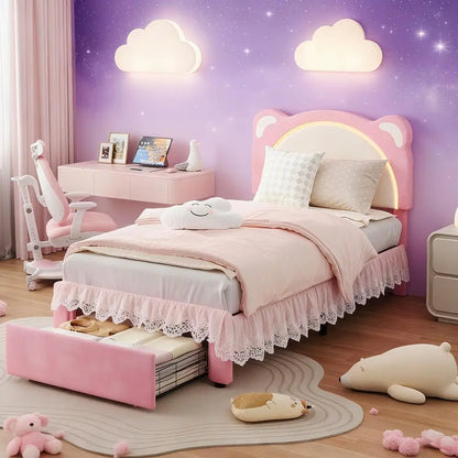 Twin LED Bed Frame with Storage and Velvet Headboard – Pink