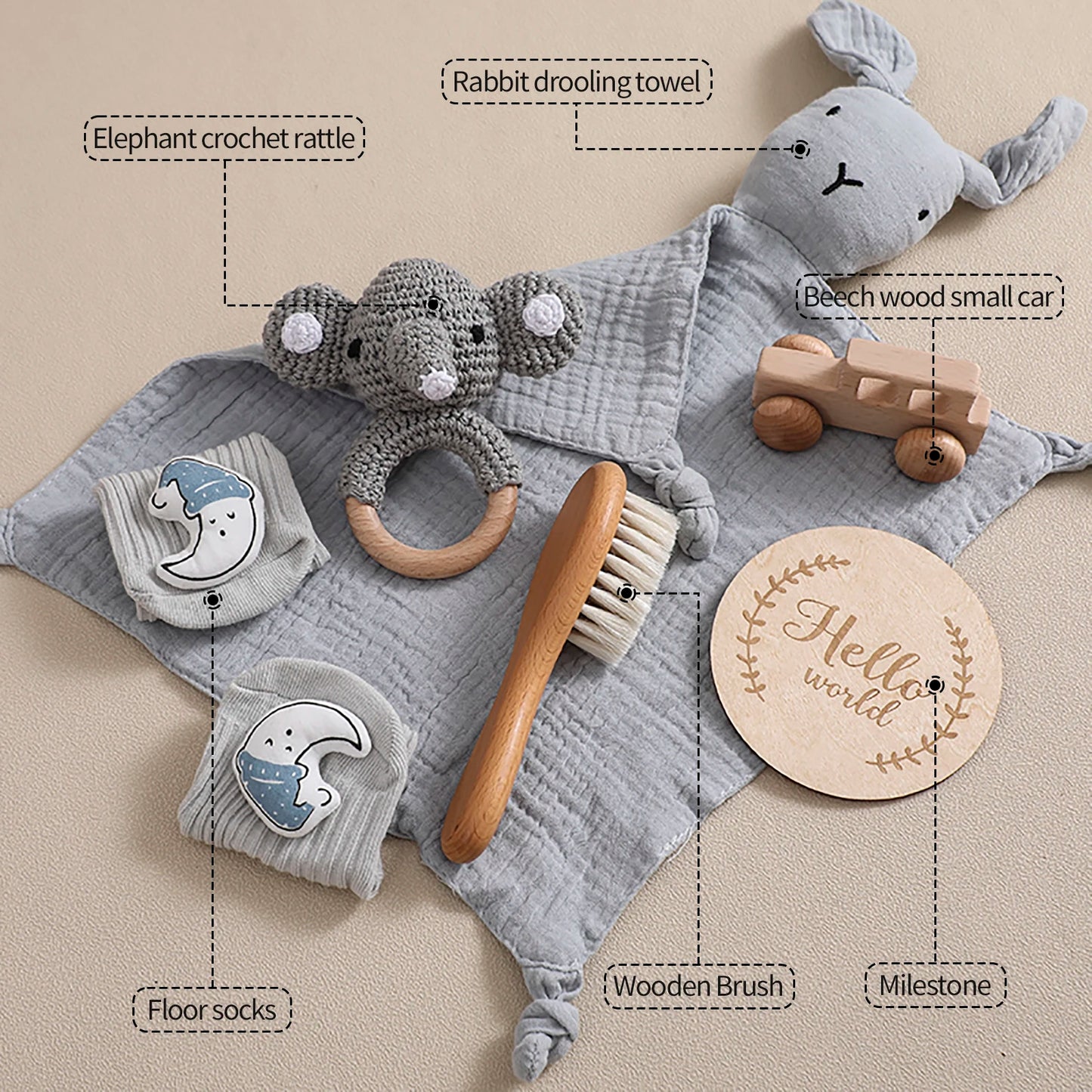 7 Piece Newborn Baby Gift Set with Cotton Blanket, Wooden Rattle and Bath Items
