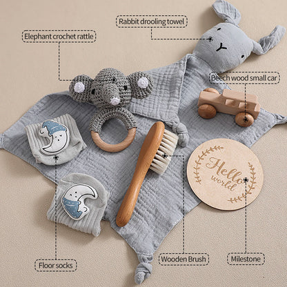 7 Piece Newborn Baby Gift Set with Cotton Blanket, Wooden Rattle and Bath Items
