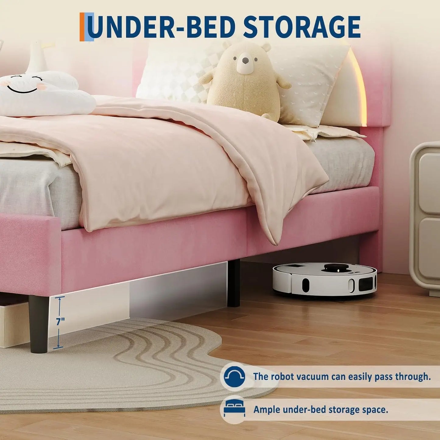 Twin LED Bed Frame with Storage and Velvet Headboard – Pink
